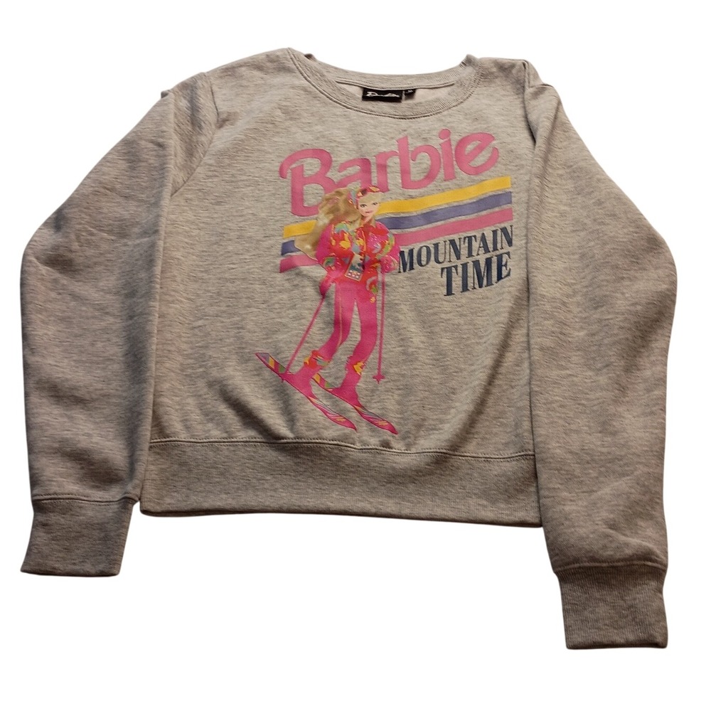 Barbie Sweatshirt Women's Mountain Time Ski Graphic Gray Retro Pullover Size M